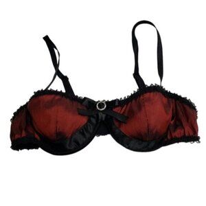 Coquette Sexy Bra Deep Red Black Lace Balconette Size Large